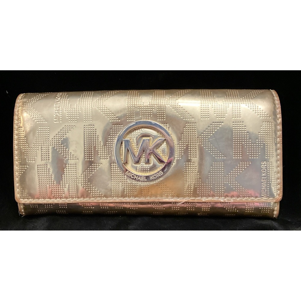 Michael Kors MK Signature Gold Metallic Snap Wallet Zip Pocket